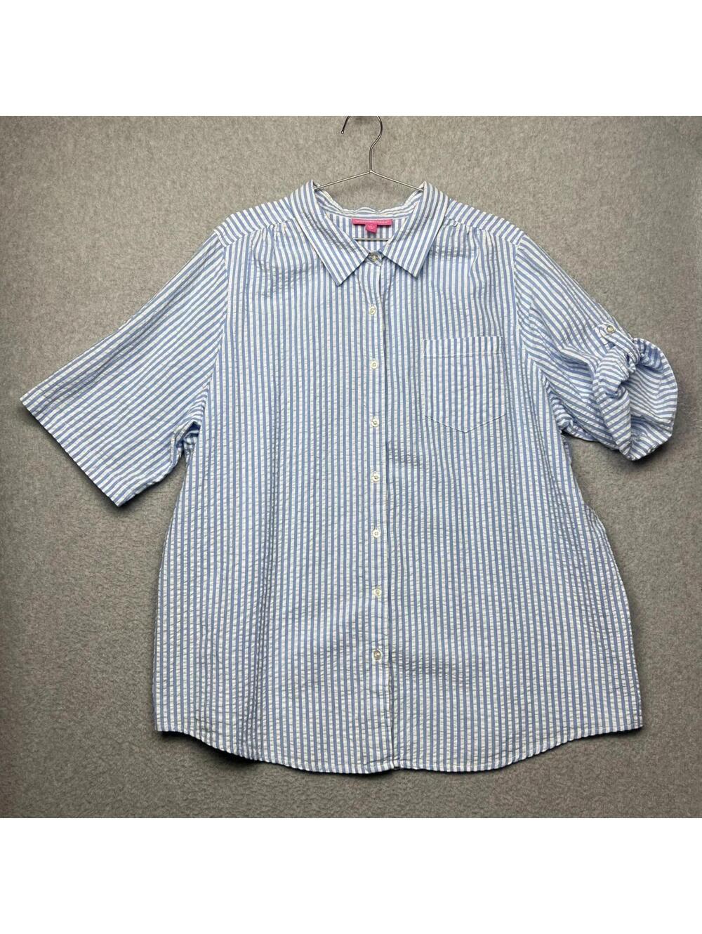 Woman Within Shirt Womens 2X Blue White Stripe Seersucker Cotton Casual Resort